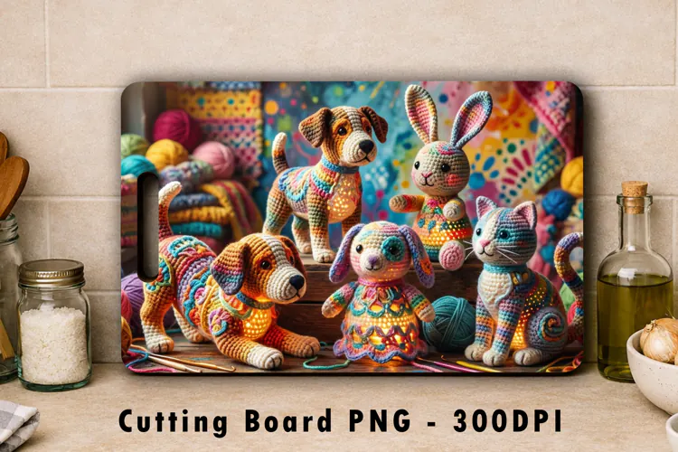 Crocheted Animals Cutting Board PNG Sublimation Art