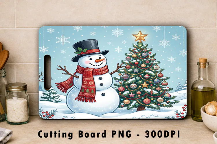 Snowman Christmas Tree Cutting Board Sublimation PNG