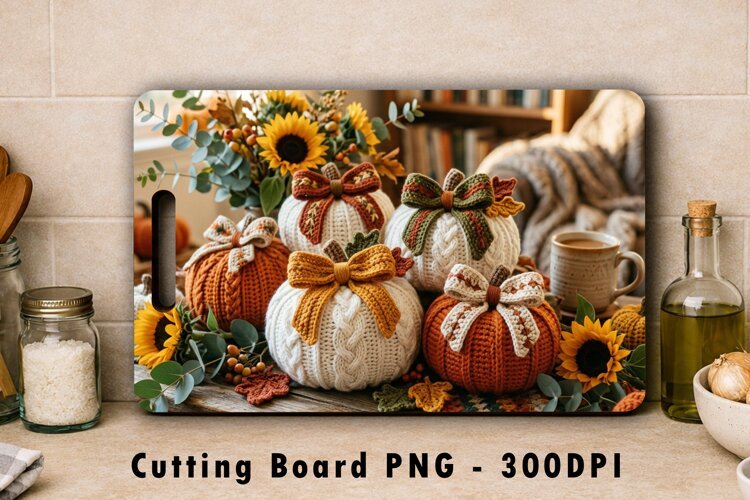 Knit Pumpkin Cutting Board PNG Autumn Sublimation Design example image 1