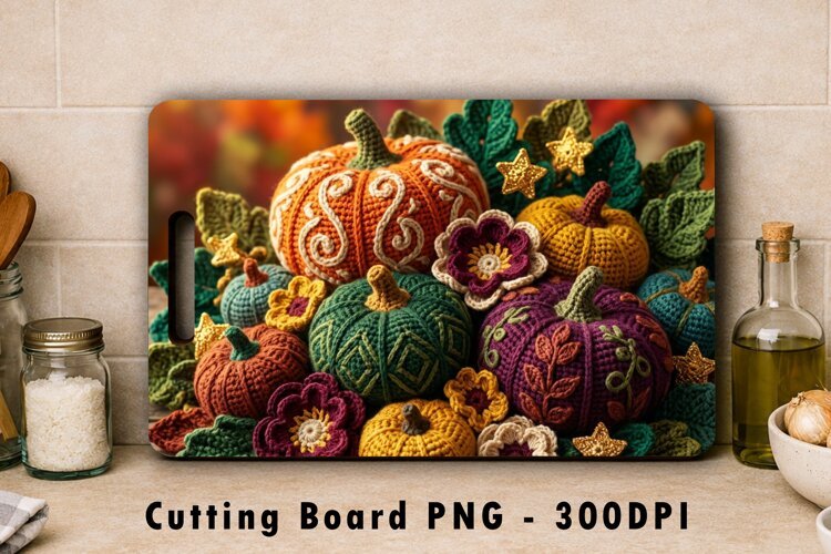 Crochet Pumpkin Cutting Board PNG Fall Sublimation Art example image 1