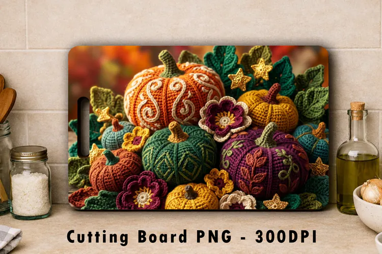 Crochet Pumpkin Cutting Board PNG Fall Sublimation Art