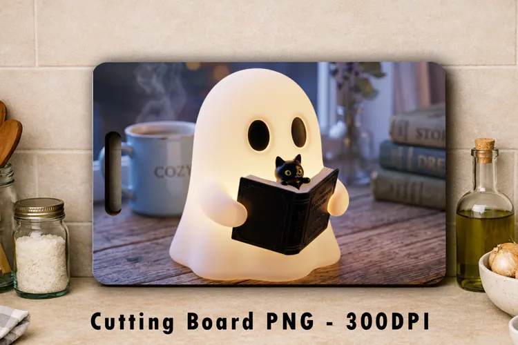 Ghost Reading Book Cutting Board PNG Spooky Sublimation Art