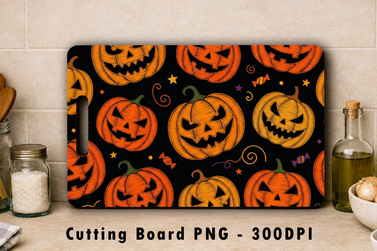 Embroidered Halloween Pumpkin Cutting Board PNG Sublimation
