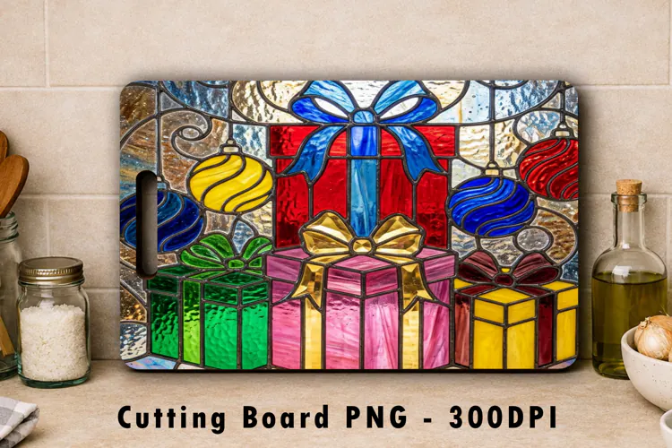 Stained Glass Christmas Gifts Cutting Board PNG