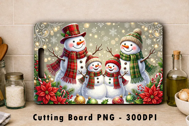 Snowman Family Cutting Board PNG Sublimation Design