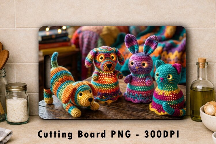 Crochet Animal Cutting Board PNG Cute Animals Sublimation example image 1
