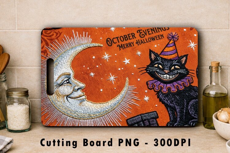 Vintage Halloween Cutting Board PNG Black Cat Moon Sublimati example image 1
