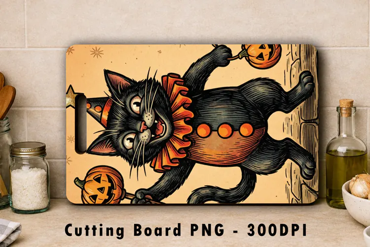 Vintage Halloween Black Cat Cutting Board PNG Sublimation