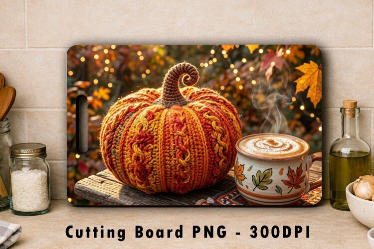 Crochet Pumpkin Cutting Board PNG Fall Sublimation Art example image 1