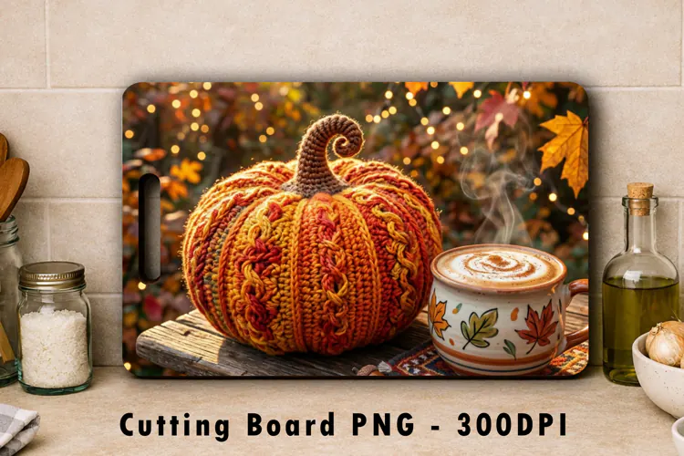 Crochet Pumpkin Cutting Board PNG Fall Sublimation Art