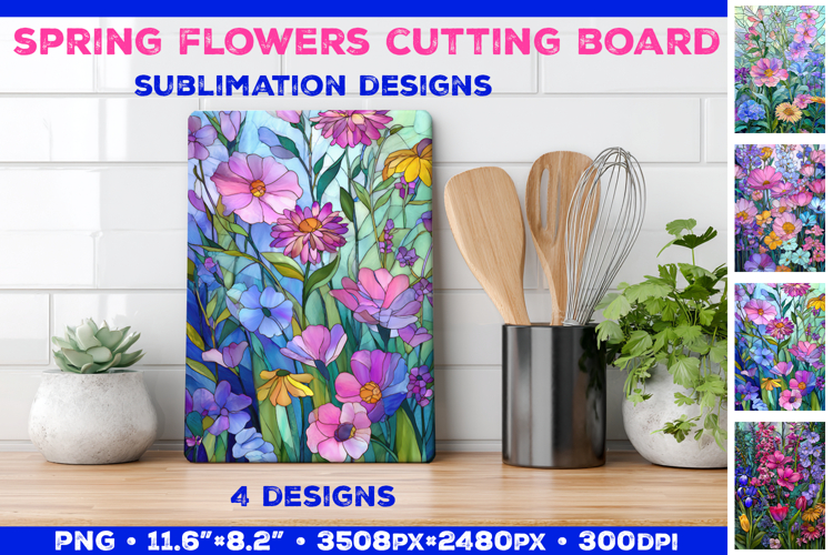 Spring Flower Stained Glass Cutting Board Sublimation Design