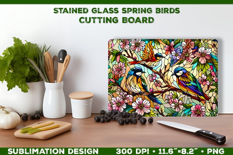 Spring Birds Stained Glass Cutting Board Sublimation Design example image 1