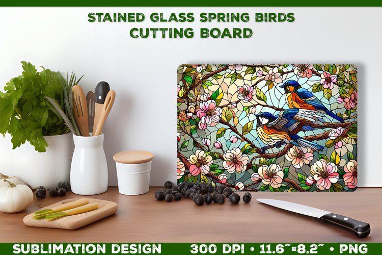 Spring Birds Stained Glass Cutting Board Sublimation Design example image 1