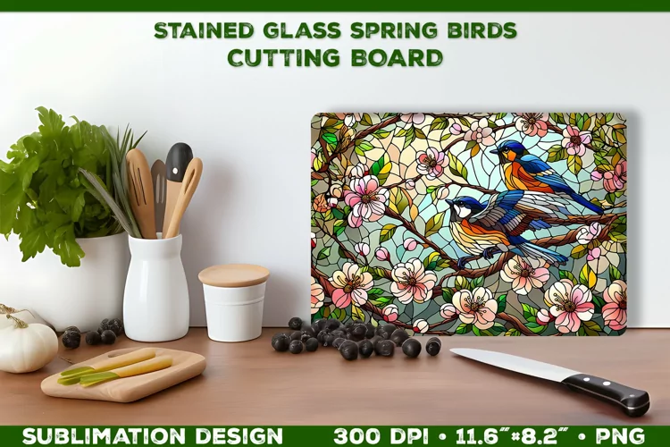 Spring Birds Stained Glass Cutting Board Sublimation Design