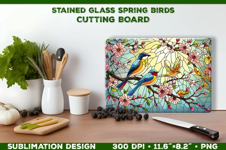 Spring Birds Stained Glass Cutting Board Sublimation Design