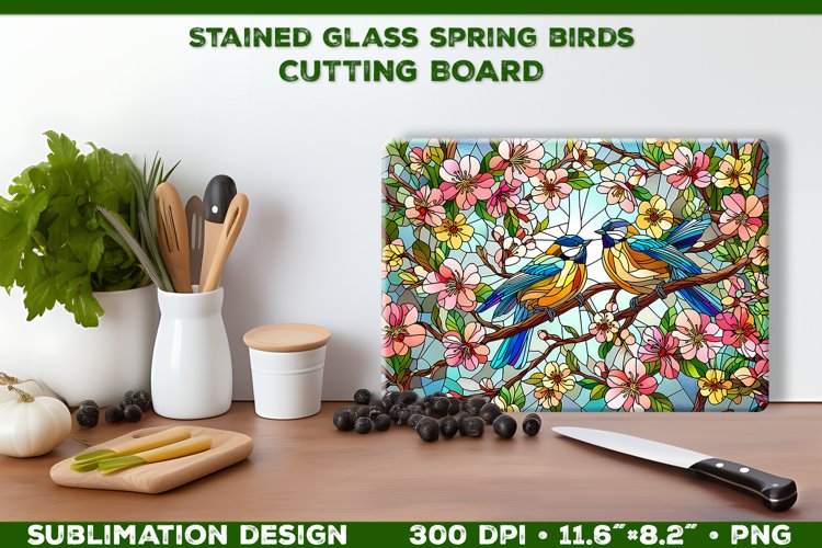 Spring Birds Stained Glass Cutting Board Sublimation Design