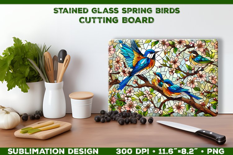 Spring Birds Stained Glass Cutting Board Sublimation Design example image 1
