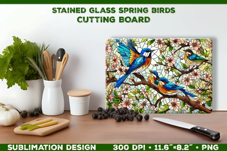 Spring Birds Stained Glass Cutting Board Sublimation Design