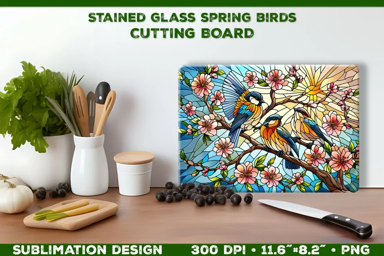 Spring Birds Stained Glass Cutting Board Sublimation Design