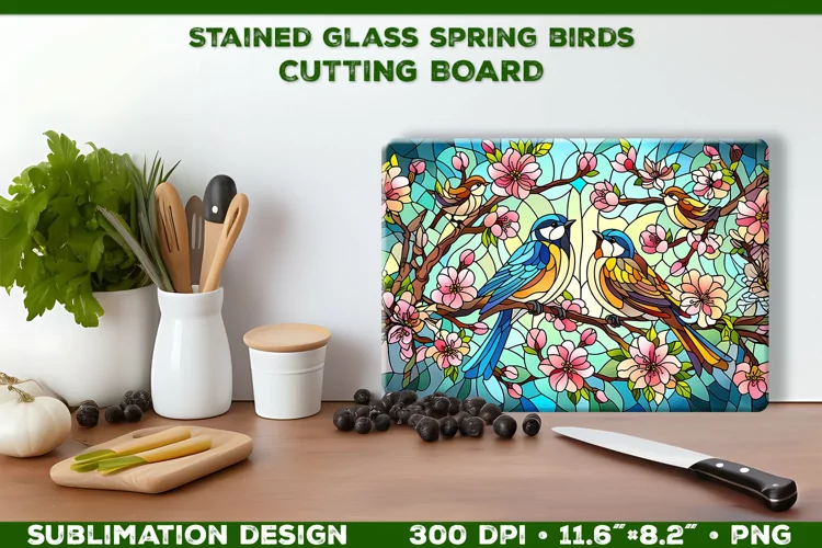 Spring Birds Stained Glass Cutting Board Sublimation Design