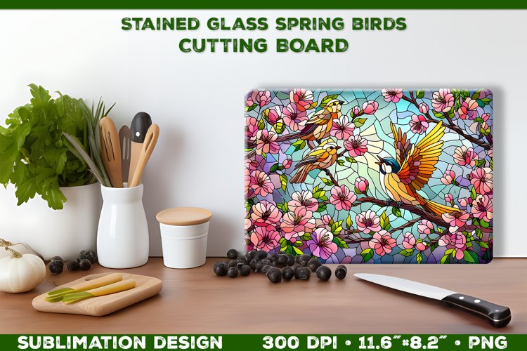 Spring Birds Stained Glass Cutting Board Sublimation Design example image 1