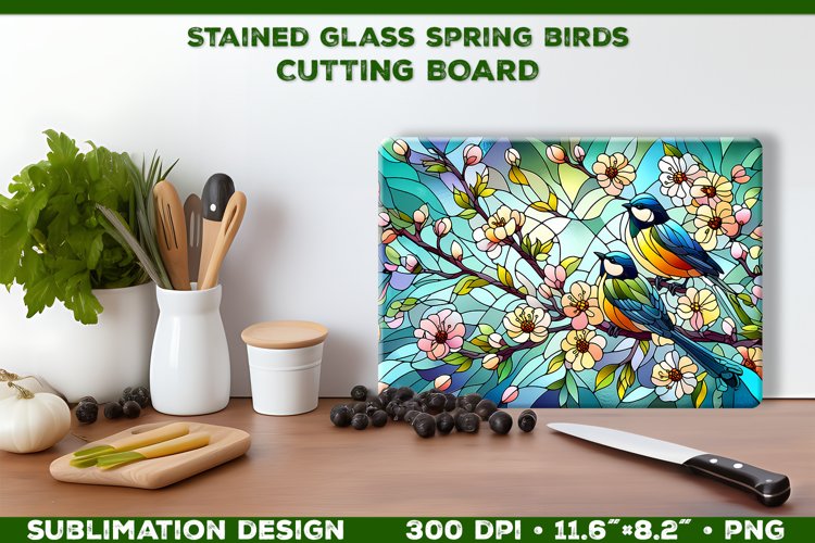 Spring Birds Stained Glass Cutting Board Sublimation Design example image 1