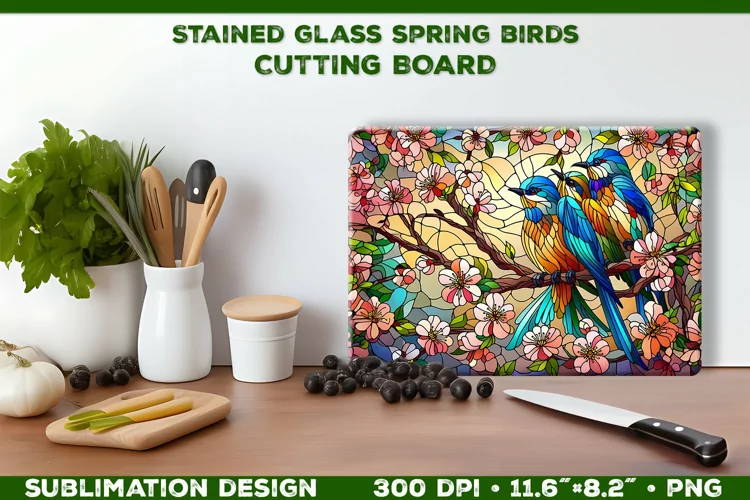 Spring Birds Stained Glass Cutting Board Sublimation Design