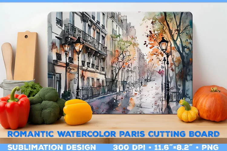 Romantic Watercolor Parisian Kitchen Cutting Board Design
