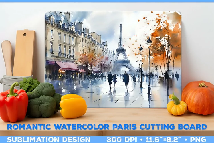 Romantic Watercolor Parisian Kitchen Cutting Board Design