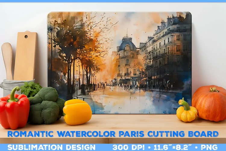 Romantic Watercolor Parisian Kitchen Cutting Board Design