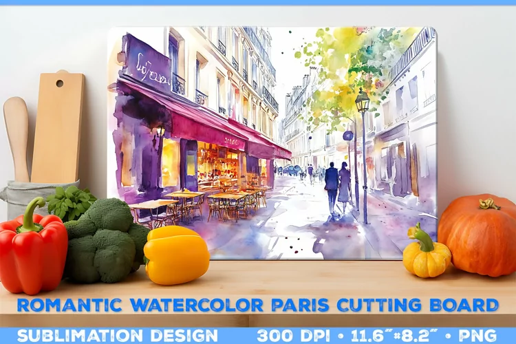 Romantic Watercolor Parisian Kitchen Cutting Board Design