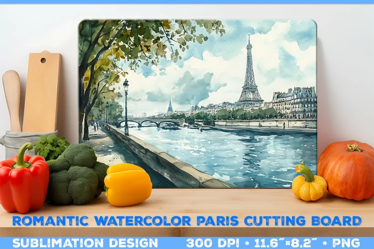 Romantic Watercolor Parisian Kitchen Cutting Board Design