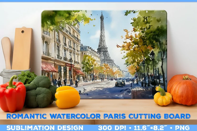 Romantic Watercolor Parisian Kitchen Cutting Board Design