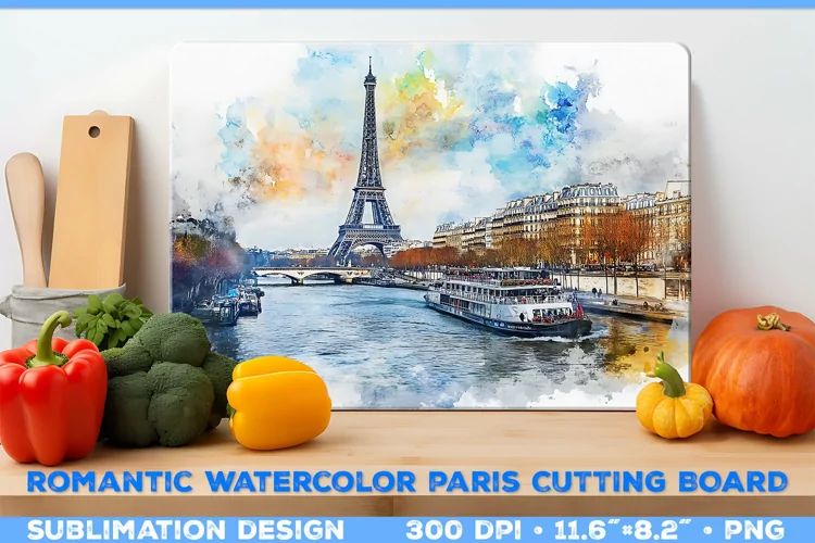 Romantic Watercolor Parisian Kitchen Cutting Board Design