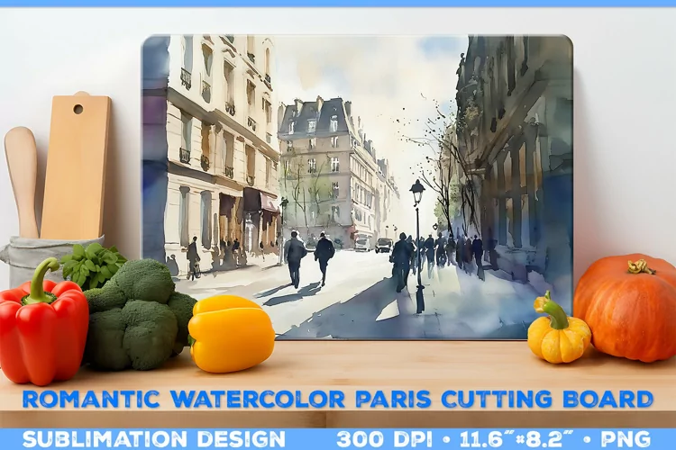 Romantic Watercolor Parisian Kitchen Cutting Board Design