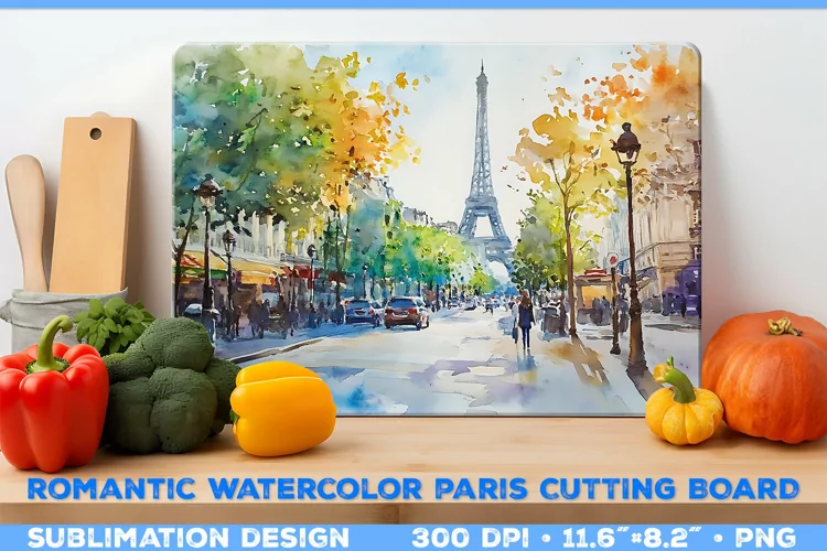 Romantic Watercolor Parisian Kitchen Cutting Board Design