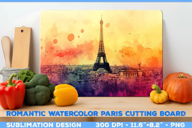 Romantic Watercolor Parisian Kitchen Cutting Board Design