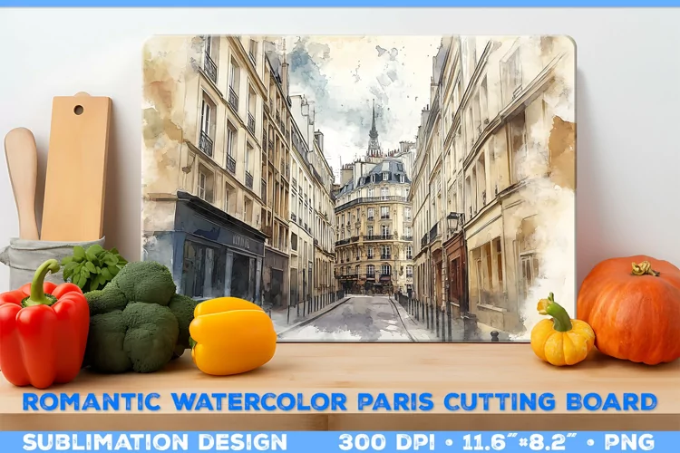 Romantic Watercolor Parisian Kitchen Cutting Board Design