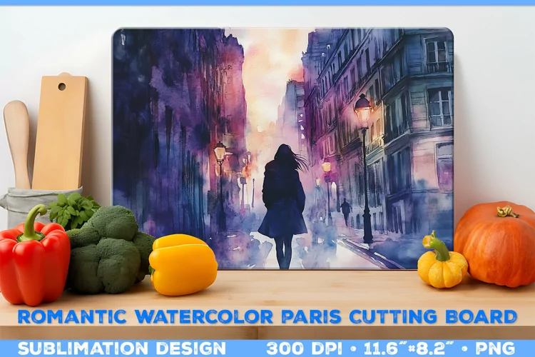 Romantic Watercolor Parisian Kitchen Cutting Board Design