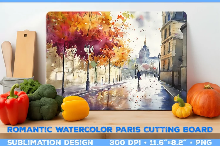 Romantic Watercolor Parisian Kitchen Cutting Board Design