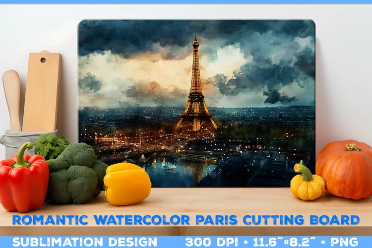 Romantic Watercolor Parisian Kitchen Cutting Board Design
