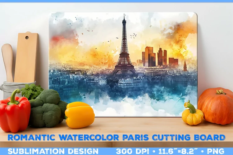 Romantic Watercolor Parisian Kitchen Cutting Board Design