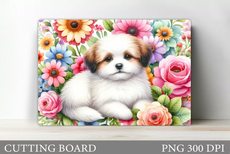 Cute Dog Cutting Board Design. Dog Flowers Cutting Board