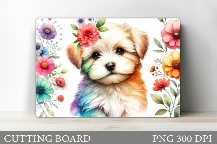 Cute Dog Cutting Board Design. Dog Flowers Cutting Board