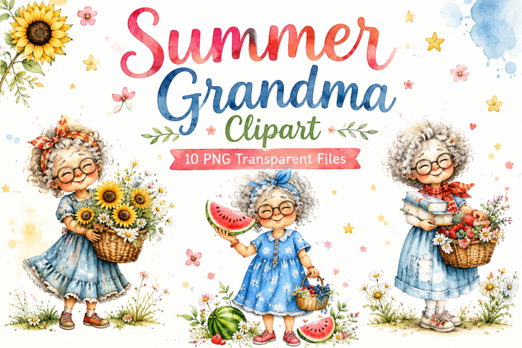 Summer Grandma Clipart, Cute Watercolor Grandma PNG