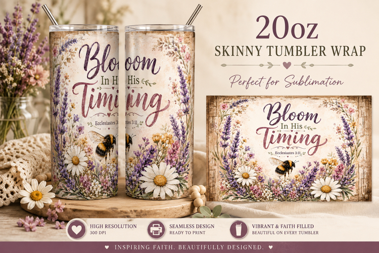 Bloom In His Timing Tumbler Wrap PNG, Christian Bee 20oz
