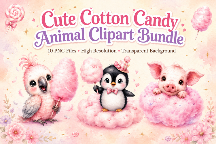 Cute Cotton Candy Animal Clipart Bundle, Sweet Animal PNG