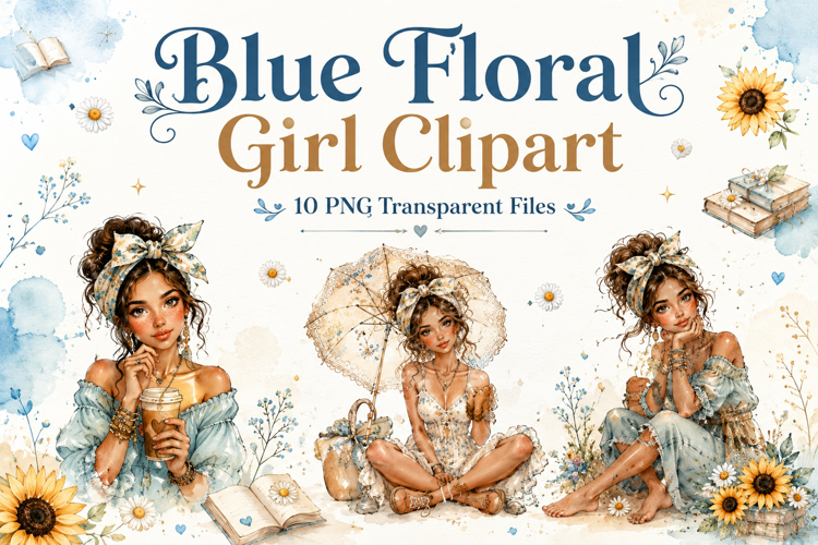Blue Floral Girl Clipart, Cute Watercolor Girl PNG, Boho Flo