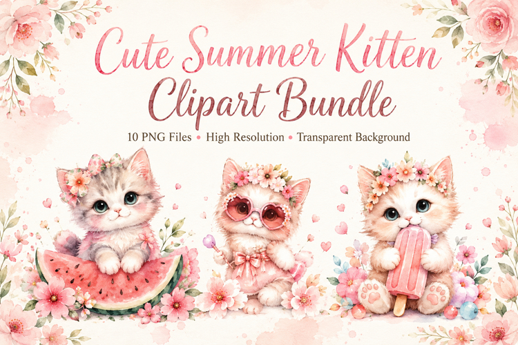 Cute Summer Kitten Clipart Bundle, Watercolor Cat PNG