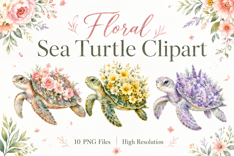 Floral Sea Turtle Clipart PNG, Watercolor Turtle Graphics